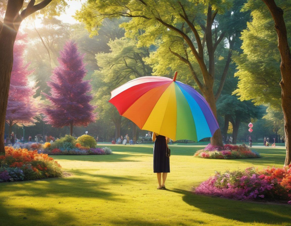 A joyful person contemplating an array of colorful, unconventional objects that symbolize happiness, such as a giant ice cream cone, a rainbow umbrella, and playful animals, set in a tranquil park. Soft sunlight filters through the trees, creating a warm, inviting atmosphere. The scene radiates positivity and whimsy, sparkling with vibrant colors to enhance the viewer's sense of joy. super-realistic. vibrant colors. 3D.