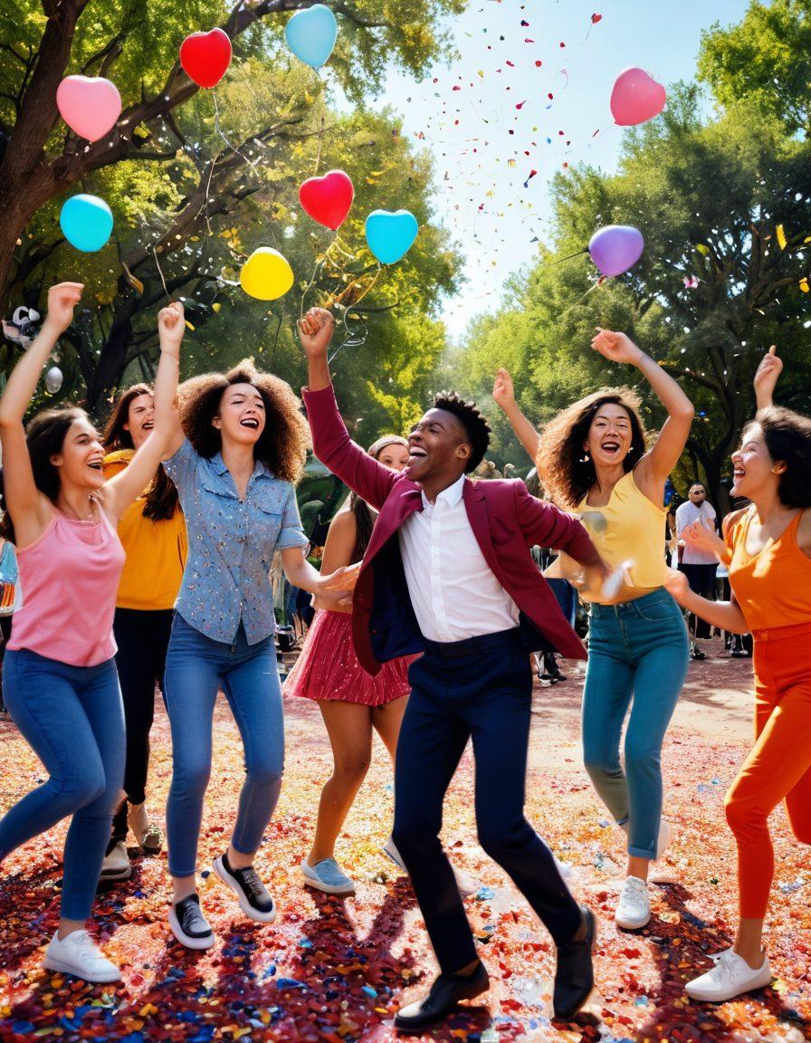 A whimsical scene capturing the duality of joy and awkwardness, featuring a diverse group of people engaging in spontaneous, quirky celebrations amidst colorful confetti and balloons. One person trips while dancing, others laughing joyfully, with sunlight illuminating their happy faces. The background includes a vibrant park setting with playful doodles of hearts and stars intertwined. playful and expressive. bright colors. cartoon style.