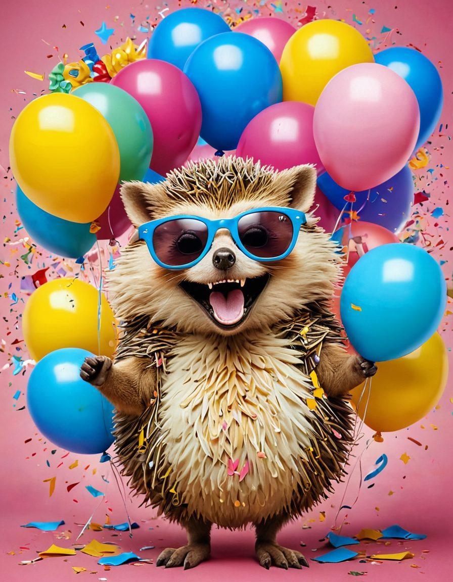 A vibrant collage depicting whimsical elements of joy: a smiling sun wearing sunglasses, quirky animals like a dancing hedgehog and a giggling owl, surrounded by colorful balloons and confetti. Include playful typography that says 'Unlocking the Secrets of Joy'. The background should have a soft gradient of happy colors like yellow, pink, and blue. super-realistic. vibrant colors.